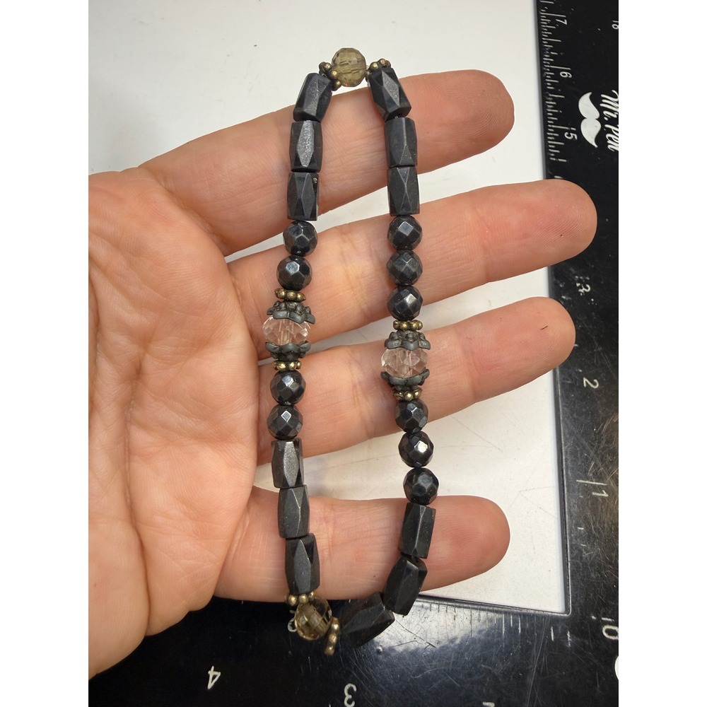 Black Faceted Beaded Stretch Bracelet Hematite Style Clear Crystal Accents